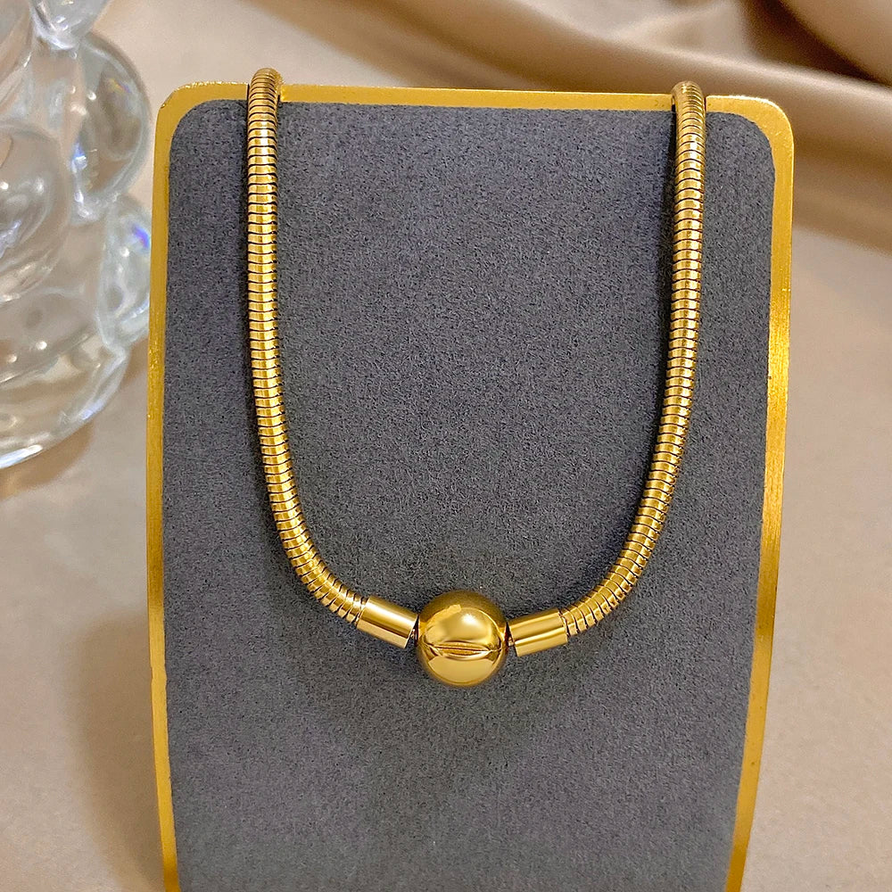 Simple Snake Bone Chain Round Bead Buckle Necklace Fashion Gold Silver Color Stainless Steel Collar Choker Waterproof Jewelry