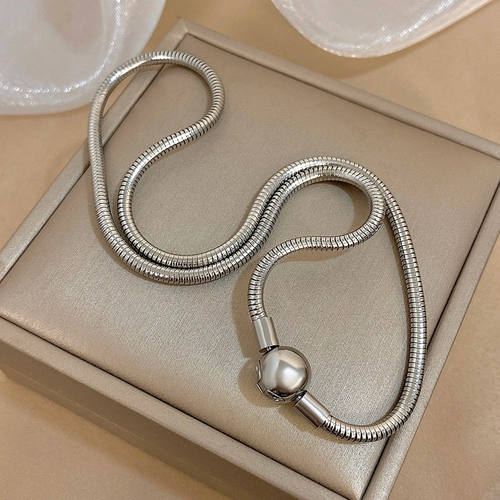 Simple Snake Bone Chain Round Bead Buckle Necklace Fashion Gold Silver Color Stainless Steel Collar Choker Waterproof Jewelry