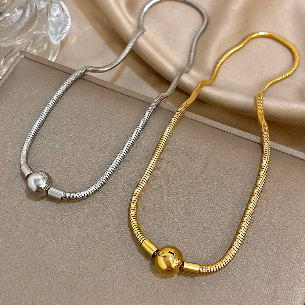 Simple Snake Bone Chain Round Bead Buckle Necklace Fashion Gold Silver Color Stainless Steel Collar Choker Waterproof Jewelry