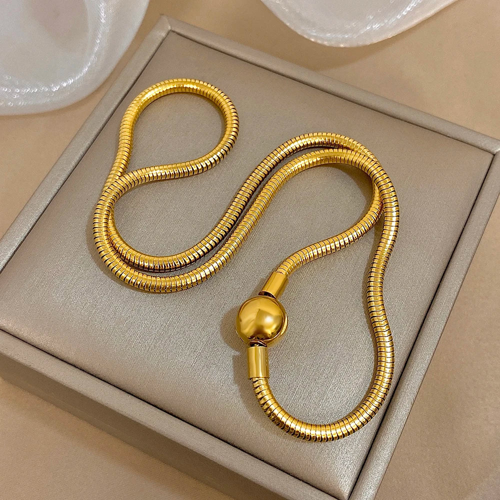 Simple Snake Bone Chain Round Bead Buckle Necklace Fashion Gold Silver Color Stainless Steel Collar Choker Waterproof Jewelry