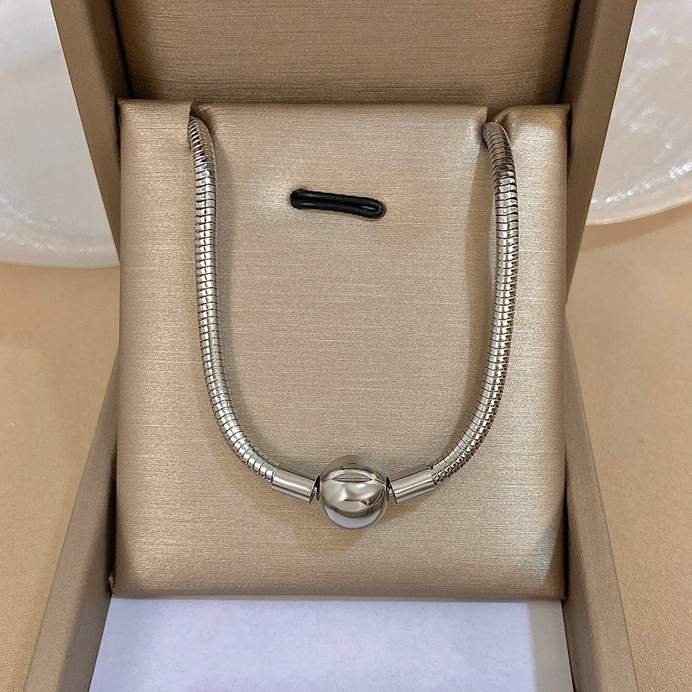 Simple Snake Bone Chain Round Bead Buckle Necklace Fashion Gold Silver Color Stainless Steel Collar Choker Waterproof Jewelry