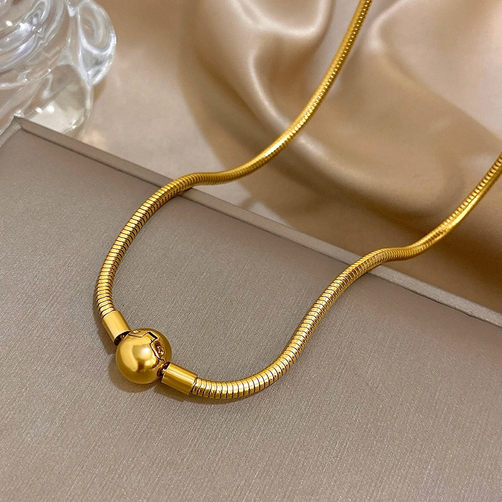 Simple Snake Bone Chain Round Bead Buckle Necklace Fashion Gold Silver Color Stainless Steel Collar Choker Waterproof Jewelry