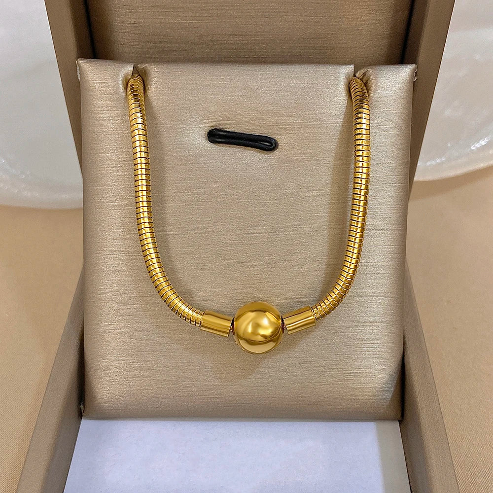 Simple Snake Bone Chain Round Bead Buckle Necklace Fashion Gold Silver Color Stainless Steel Collar Choker Waterproof Jewelry