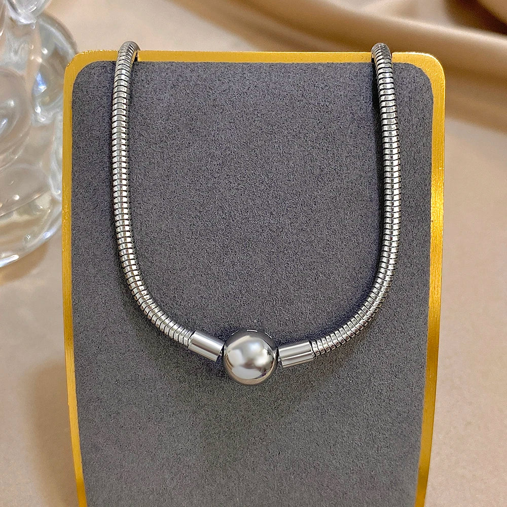 Simple Snake Bone Chain Round Bead Buckle Necklace Fashion Gold Silver Color Stainless Steel Collar Choker Waterproof Jewelry